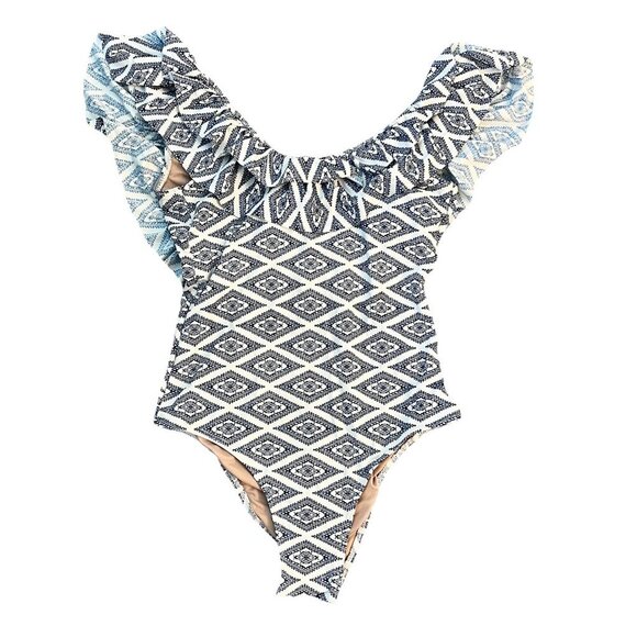 Tart Other - Tart Collections Women’s One Piece Swimsuit Size Small White Blue Ruffle